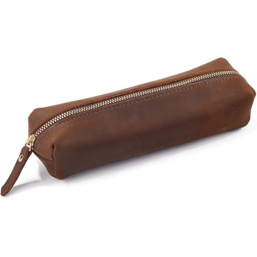 GORGECRAFT Crazy Horse Leather Pen Case Large Capacity Genuine Leather Pencil Pouch Big Zippered Pencil Bag Vintage Cosmetic Holders Organizer for Men Women Pens Home Office Practical Gift