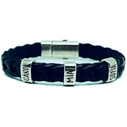 Pulseras Personalizadas Con Nombres Pulsera con nombres personalizada, Zamak Baño Plata-Cuero. Regalo dia del padre (Trenzado Plano Negro)