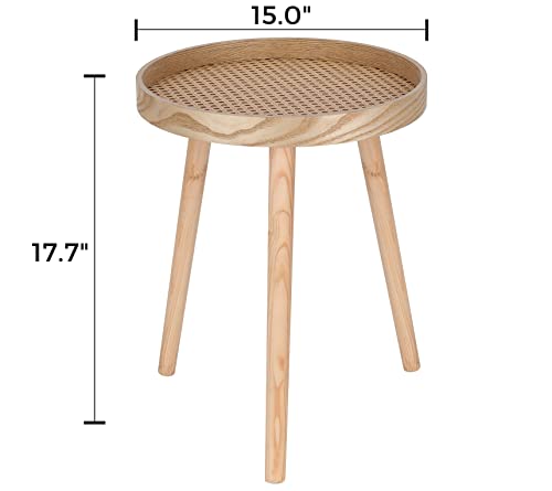 Small Side Table, Rattan Nightstand, Round End Table, Boho Bedside Table, Accent Table, Mid-Century Modern Bed Side Table, End Tables For Living Room Bedroom Office Balcony(Natural Walnut) #TOP2