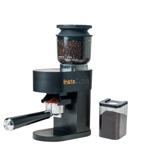 InstaCuppa Electric Burr Coffee Grinder | Get Espresso-Fine Grounds & Cafe-Style Crema at Home | 60 Grind Settings | LED Touch | Easy Airflow Cleaning | Fits 51mm & 58mm Portafilter | 200g Capacity