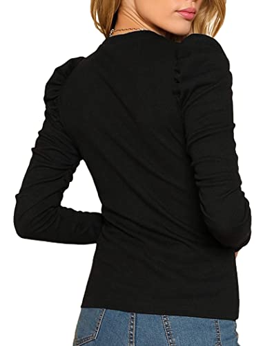 Remidoo Women's Solid Round Neck Puff Long Sleeve Slim Fit T Shirt Tops2