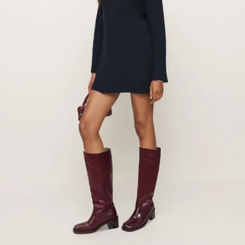 Image of DOEYG Women's Banana Knee High Boots Square Toe Chunky Block Heel Tall Boots Wide Calf Fashion Comfortable Casual Pull on Long Boots