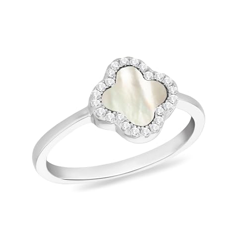 Tuscany Silver Femmes Bague en Argent Sterling Rhodié Trèfle 11 mm Nacre et CZ Blanc 1,1 mm #N