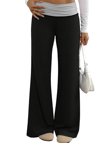 Destime Girls Wide Leg Pants Fold Over Wide Leg Sweatpants Contrast ColorCasual Loose Flare Leggings Bell Bottoms Y2K Foldover Pants 2026 Black 10 Years