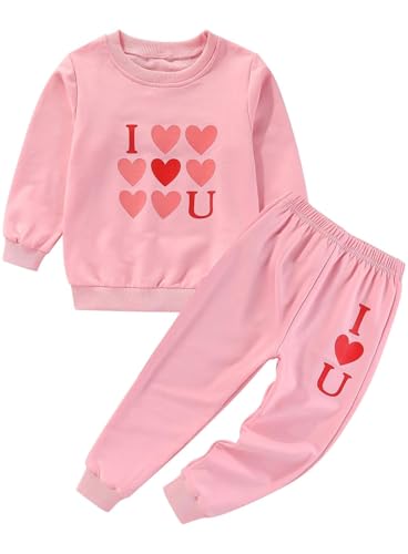 Image of Cute Toddler Girls Sweatsuit - Casual Heart Print Child Clothes Fall Outfit