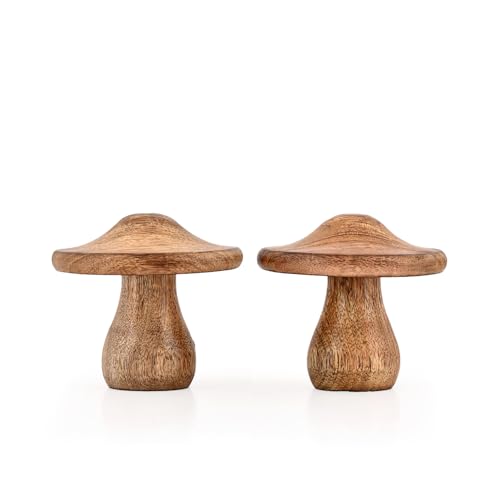 Hanol Statues Decorative Wooden Mushrooms Set of 2 Hand-Carved Dark Mango Wood for Shelf Kitchen and Nature Decor (3 X 3 X 3)