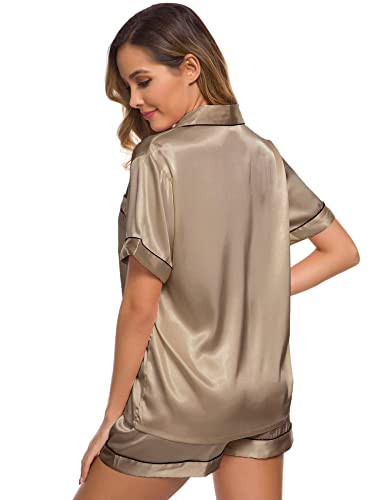 Image of SWOMOG Womens Silk Satin Pajamas Set Short Sleeve Sleepwear Button Down Top and Shorts Loungewear 2 Piece Pjs Set XS-3XL Deep Khaki X-Large