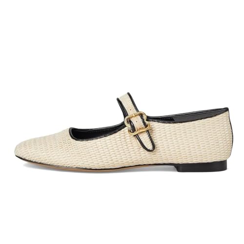 Image of DOEYG Raffia Mary Jane Ballet Flats for Women Square Toe Buckle Strap Ballerina Flats Comfortable Dress Shoes