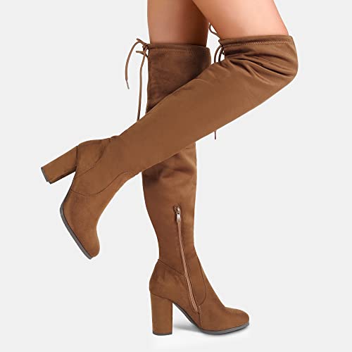 DREAM PAIRS Women's Shoo Over The Knee High Heel Boots, Brown Suede, Size 8