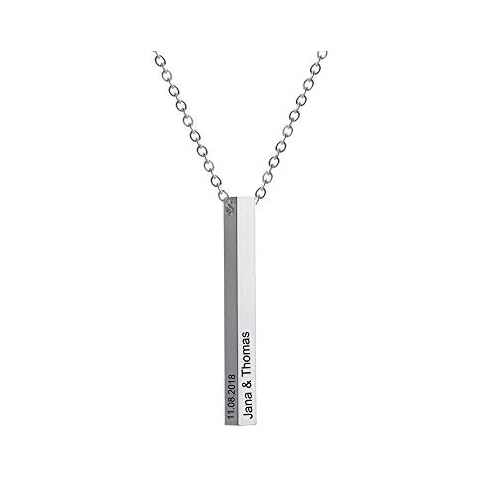 Bo&Pao 3D Bar Necklace in 925 Sterling Silver with Engraving, Personalised Vertical Silver Bar Necklace Cover