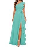 WISIYLE WQL056 - Vestidos de dama de honor de gasa para boda, plisado, línea A, formal, para fiesta de noche, vestido largo con abertura, turquesa, 56 Grande