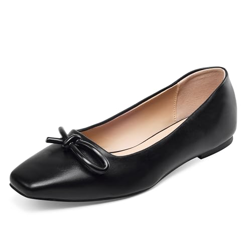 GENSHUO Women’s Square Toe Flats Metal Bow Slip On Ballet Flats Comfort Low Heel Shoes Classic and Chic