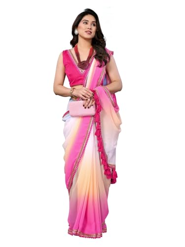 Image of RAJESHWAR FASHION WITH RF Women's Fancy Desian Ombre Georgette Saree For Women With Latkan Tassels Lace Border & Unstitched Blouse