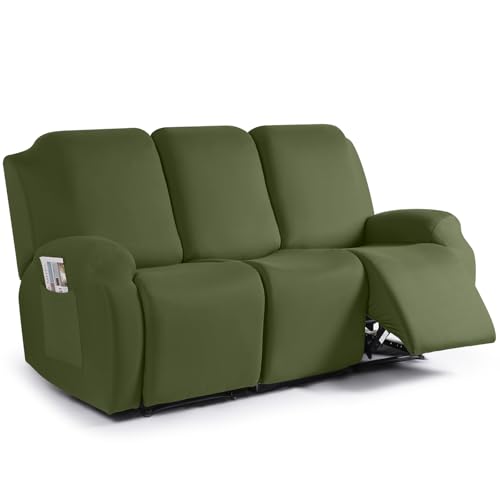 Image of TAOCOCO Recliner Couch Covers 3 Pieces, Stretch Sofa Covers for 3 Seat Reclining Couch, Polyester Fabric Recliner Covers Soft Washable Furniture Protector with Pockets (3 Seat, Olive Green)