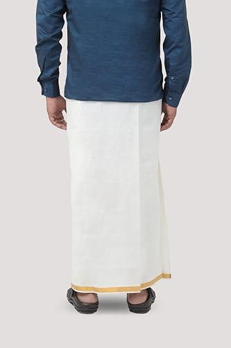 Image of Adjustable Velcro with Pocket Cotton Dhoti with Gold Jari Border, For Men (28 to 44 inches)