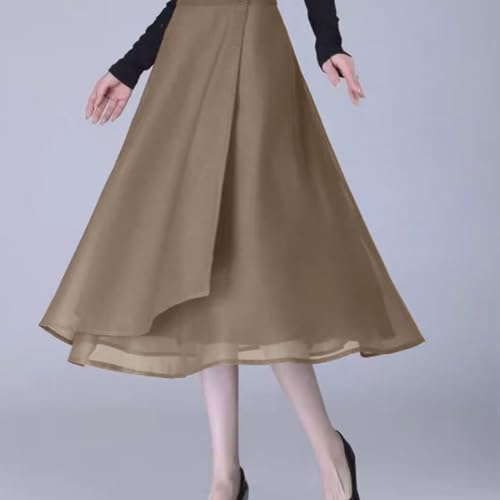 Women's Elegant Work Wear Wrap Skirt Casual High Waisted Button Midi Skirts Vintage A line Double Layered Mesh Skirt2