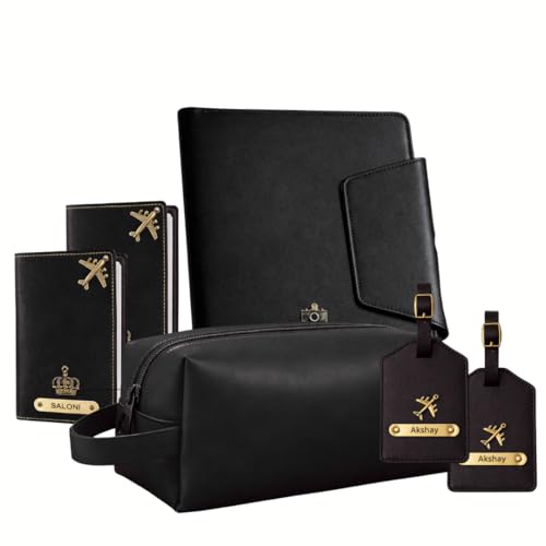 Image of Vegan Leather Family Travel Gift Set, Large Travel Organizer, Medium Pouch, 2 Passport Covers, 2 Luggage Tags in Gift Box (Black)