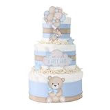 Teddy Bear Diaper Cake - We Can Bearly Wait Baby Shower Decoration Centerpiece - Gift for Baby Boy (Blue Balloons)