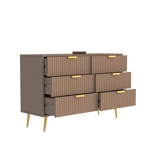 Image of Wooden Chest of Drawers | 6 Drawers Dresser Console Cabinet For Bedroom, Living Room, Drawing Room & Office | Sideboard | Multipurpose Storage | HDMR Premium Wood & Iron | Taupe & Golden
