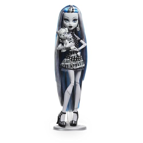 Monster High, Drama de filme, Frankie Stein, boneca em preto e branco, boneca para colecionador, cartazes do tamanho da boneca e tamanho real, HKN29
