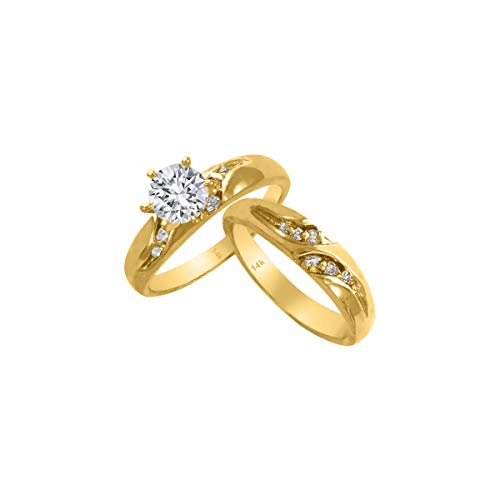 Trio Rings Set 14k Yellow Gold- 3-Piece Wedding Engagement Rings Band for Her and Him - Round Cubic Zirconia CZ for Couple Mens and Women - Anillos de Matrimonio.3