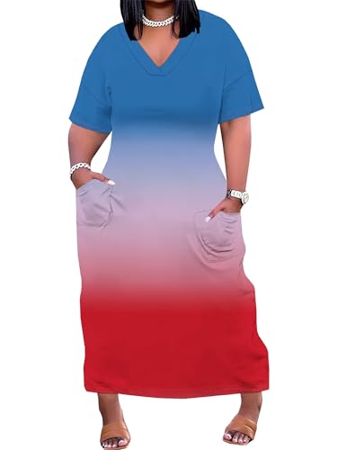 Image of SUZONANA Plus Size Maxi Dresses for Women T Shirts Dress Long Summer Outfits Casual Short Sleeve Oversized with Pockets Ombre Gradient Print Blue Red XL