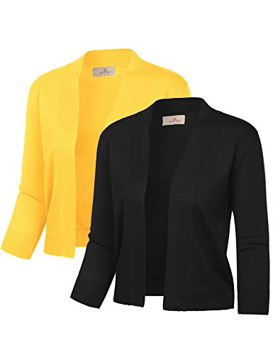 GRACE KARIN Women's Classic 3/4 Sleeve Cardigans Open Front Sweater Jackets Short Shrug for Dresses (Black&Yellow,M