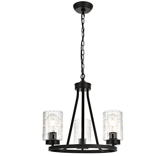 Winshen Wagon Wheel Chandelier In Matte Black Finish, Industrial Farmhouse Dining Room Chandeliers Pendant Lighting Fixture With Damier Pattern Design Seeded Glass For Kitchen Island Bedroom #TOP4