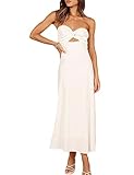 Fiemaoves Sexy Twist Front Strapless Sweetheart Neckline Midi Dresses for Women Smocked Cutout Tube Linen Dress Wedding Guest White