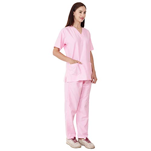 Image of RANK Women's Poly Viscose Scrub Suit Set | V-Neck Top and Drawstring Pant For OT Nurses | Medical Lab Uniform Half Sleeves Scrub Suit Size - M (Pink)