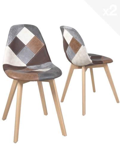 KAYELLES Lot de 2 chaises Patchwork Multicolore scandinaves rembourrées Salon Salle à Manger, Pieds Bois de hêtre Clair NADA (Patchwork Marron)