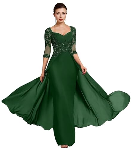 Mermaid Mother of The Bride Dresses 3/4 Sleeves Chiffon Beaded Formal Evening Gowns with Train JH024 Emerald Green
