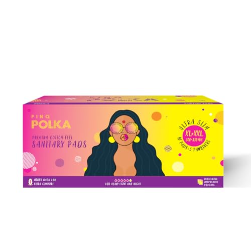Pinq Polka Premium Soft Organic Cotton Feel Rash Free Ultra Thin Sanitary Pads With Individual Biodegradable Disposable Pouch, 20 XXL (Night and Heavy Flow) and 20 XL (Day Use), Pack of 40
