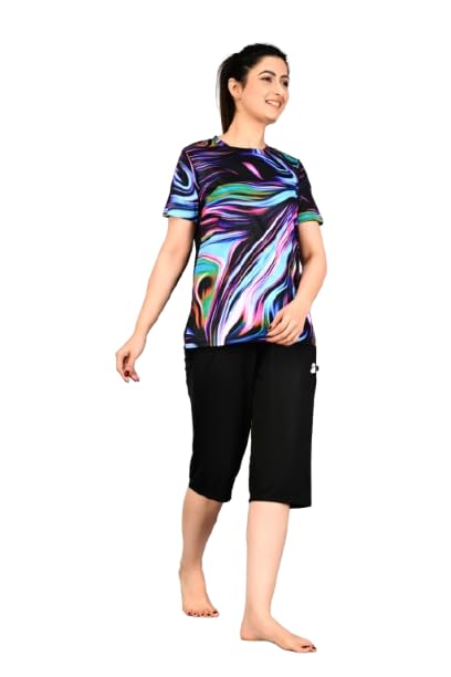 Stylish Women's Purple Swimwear, Abstract Print T-Shirt with Black Capri Pants, Casual Sportswear-image-14
