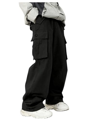 OYOANGLE Boy's Elastic Waist Straight Leg Cargo Pants Street Solid Long Trousers with Pockets