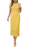 Newshows Summer Dresses for Women UK Hollow Knit Casual Work Business Elegant Ladies Midi Dress Yellow,M