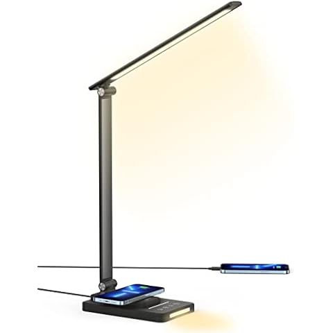 Sympa Schreibtischlampe LED Metall mit Wireless Charger, 5 Farbmodi, 5 Helligkeitsstufen Tischlampe, USB-Ladeanschluss Dimmbare Nachttischlampe kinder, Schlafzimmer, Büro Cover