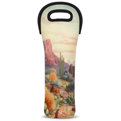 Neoprene Wine Tote Carrier Bag for Wine,Water, Champagne, Beer, Baby Bottles 15.6 x 5.1 Inches, Protective Wine Bag,Desert with Cactus
