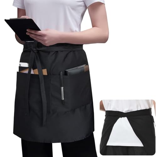 ROTANET Server Apron Black with 3 Pockets 18 Inch Long Waiter Waitress Bistro Half Waist Aprons for Women Men Waterproof