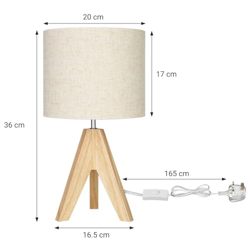 EDISHINE 36cm Wood Bedside Table Lamp, Tripod Desk Lamp with Beige Linen Lampshade, On-Off Switch, Desk Lamps for Reading, Bedroom, Living Room, Study, Office, E27 Base - Cosy Home Interiors EDISHINE 36cm Wood Bedside Table Lamp, Tripod Desk Lamp with Beige Linen Lampshade, On-Off Switch, Desk Lamps for Reading, Bedroom, Living Room, Study, Office, E27 Base - Image 3