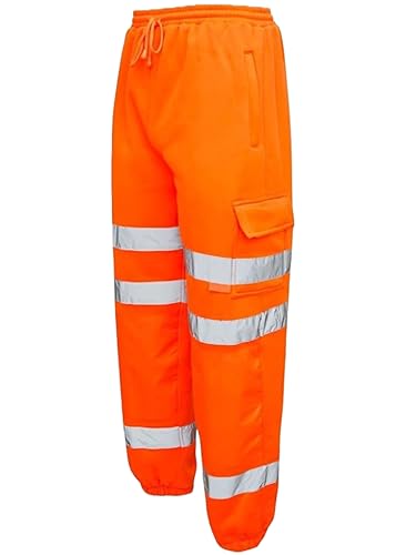 shelikes Mens Hi Vis Viz Work Trousers Jogging Bottoms Reflective Joggers Sweat Pants Safety High Visibility Combat Trouser Workwear Jogger Orange