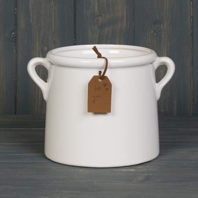 Fyne-Finds Ceramic White Plant Pot/Vase Planter Flowers Herbs Utensils Holder with Tag and Ears Indoor Home Decorative Gift (White Pot 18 cm)