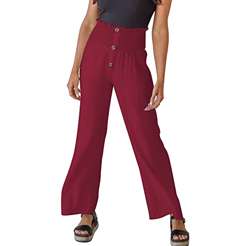 Dihope Sommerhose Damen Leicht Weites Bein Leinenhose High Waist Freizeithose Loose Fit Einfarbig Strandhose Einzigartige Bündchen & Knopf Sommer Atmungsaktiv(Weinrot,S) Cover