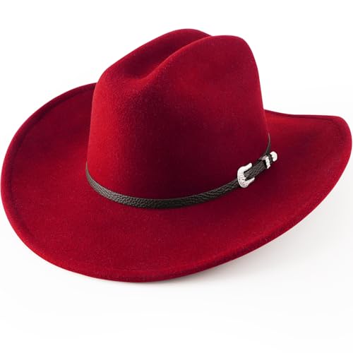 Image of DRESHOW Cowboy Hat for Women and Men Classic Felt Western Hat for Cowboys Cowgirls Wide Brim Belt Buckle Retro Fedora Hats