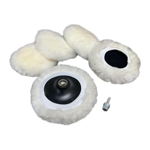 Lambswool Polishing Pads Sheepskin Buffing Pads with Elastic Band. 7PC Set Includes 5 Lambswool Cutting Pads with Hook and Loop Backing, 1 Backing Plate and 1 Drill Attachment - Wool Buffs (4 Inch) Cover