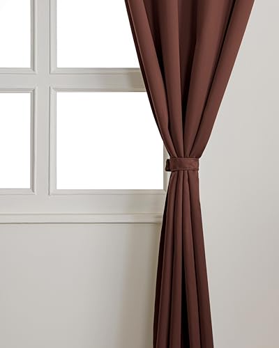 Image of The Home Story Espresso Brown Blackout Eyelet Window Curtains Set of 2, (5 Feet) 54 x 60 Inches, Room Darkening & Noise Reduction Curtains with Tiebacks
