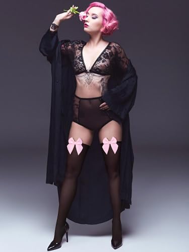 Image of Fourluoo 4 Pairs Fishnet Thigh High Stocking for Women Silicone Lace Top Sheer Silky over Knee High Stocking with Bows