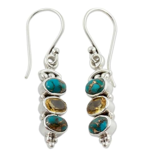 NOVICA Artisan Handmade Citrine Dangle Earrings Turquoise Sterling Silver Reconstituted Yellow Blue India Birthstone [1.6 in L x 0.2 in W x 0.2 in D] Sunshine and Sky