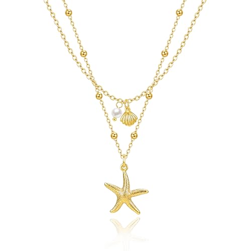 Zeffy Seashell Layered Charm Necklace for Women Dainty 14k Gold Plated Starfish Shell Pearl Pendant Waterproof Necklace Stack Choker Chain Jewelry for Summer Beach Vacation