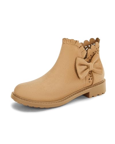 Coutgo Girls Bow Ankle Boots Ruffled Chunky Heel with Classic Side Zipper Dress Booties for Little Kids/Big Kids